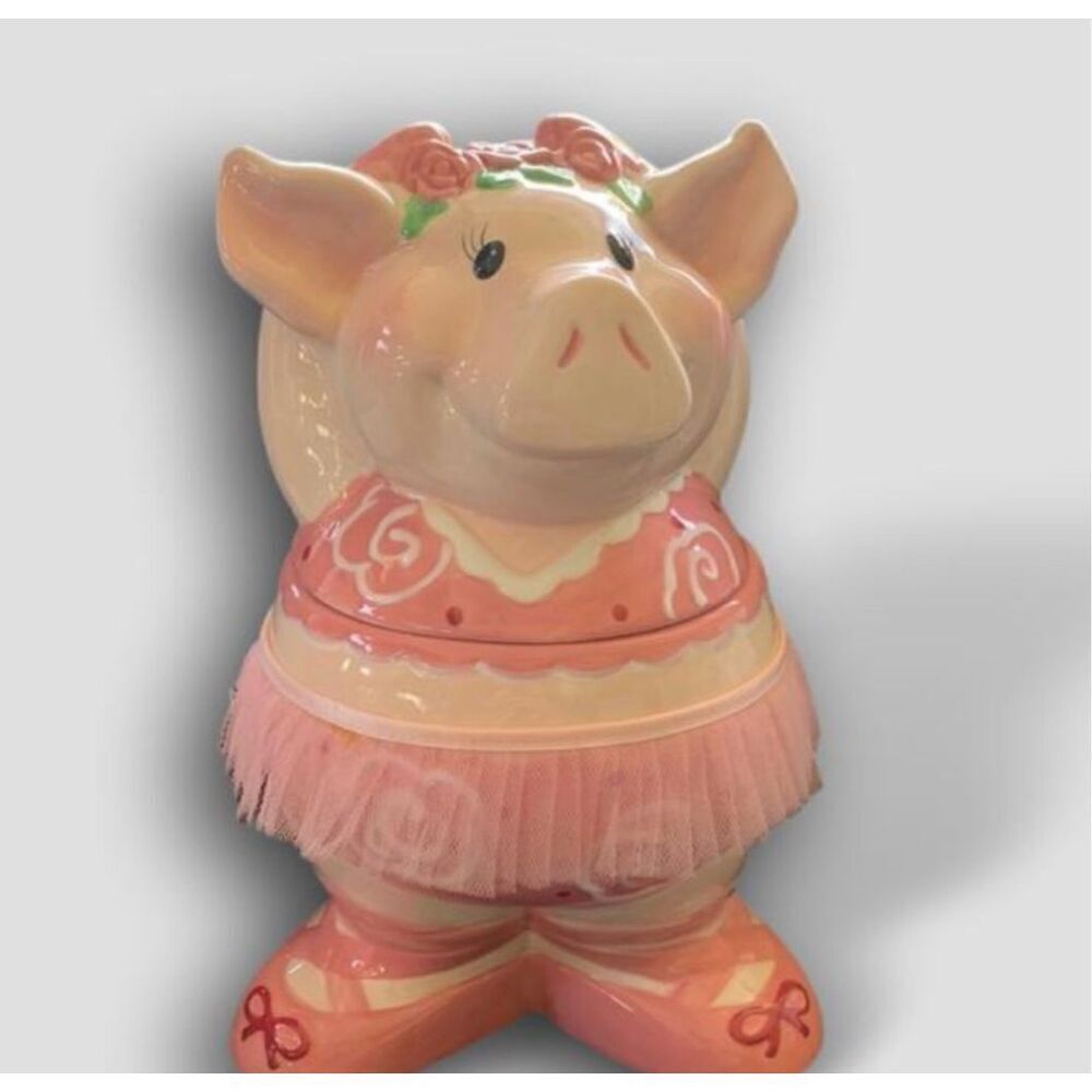 Vintage Ballerina Tutu Pig Piggy Cookie Jar Pink Cutesy Girlie Home Decor
